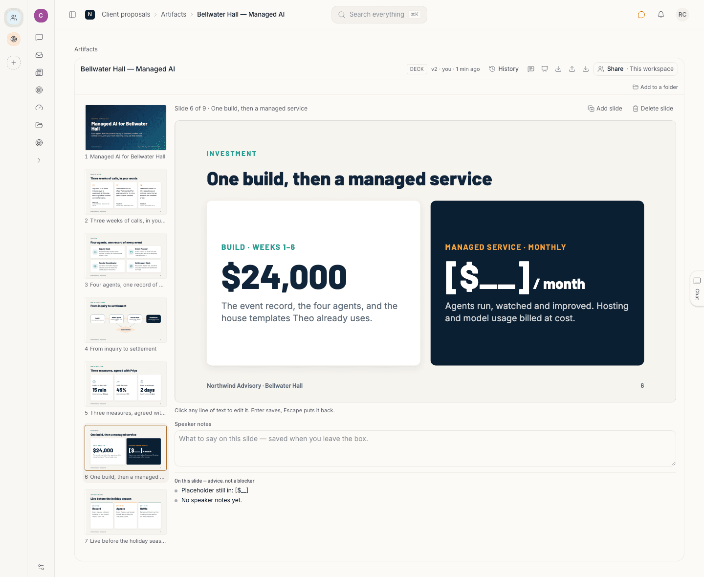 The pricing slide in the deck pane, with two findings under it: a placeholder still in the price, and no speaker notes