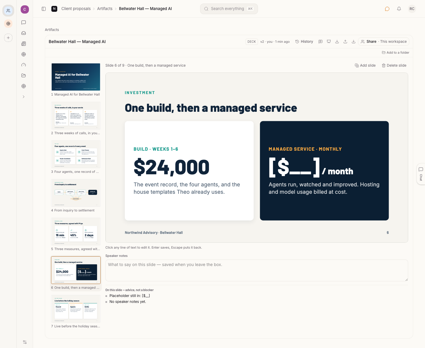 The pricing slide open in the deck pane, with the slide's findings listed under it as advice: a placeholder still in the price, and no speaker notes