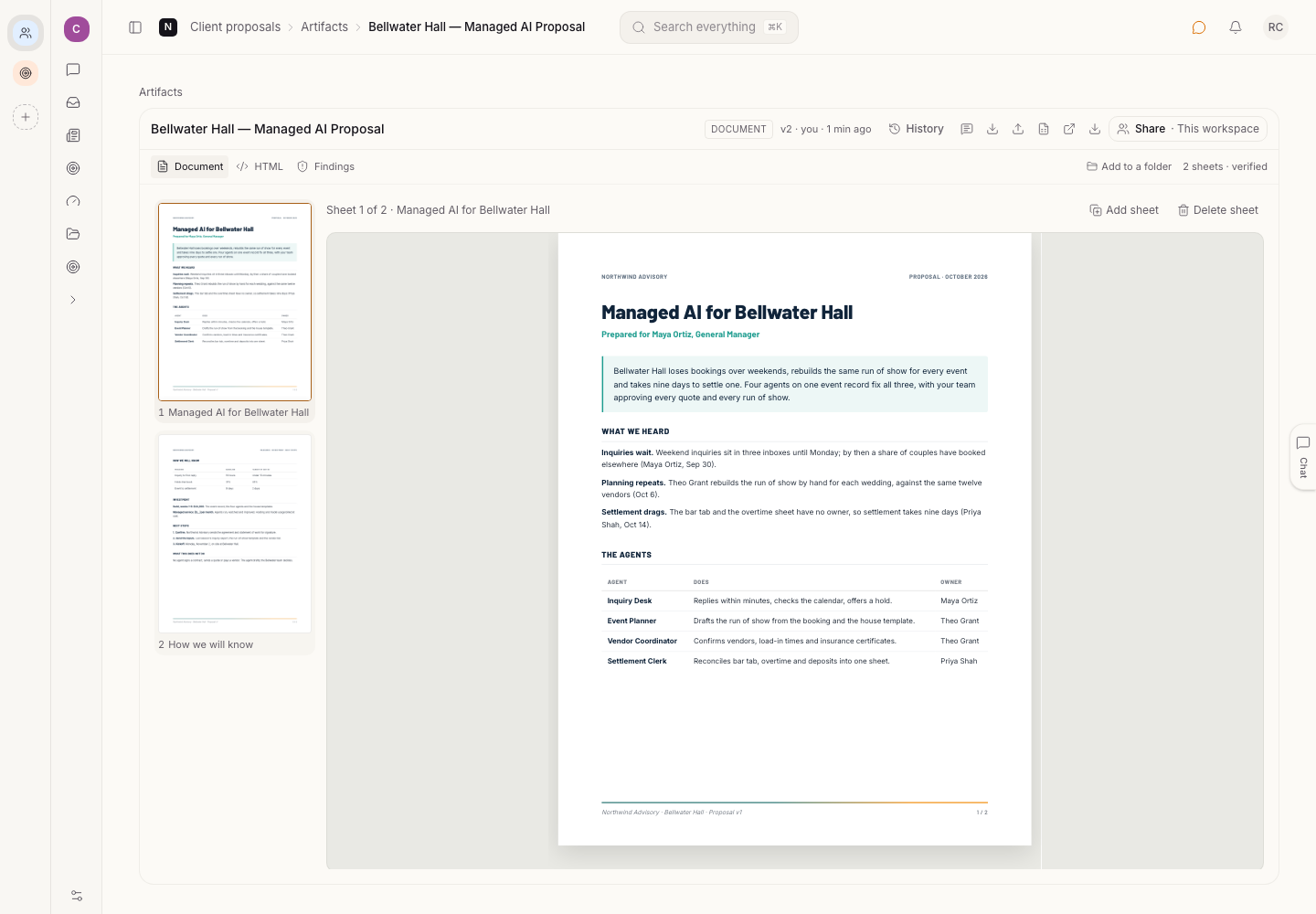 The written proposal for the same deal, two US-Letter sheets, open in the same pane as the deck