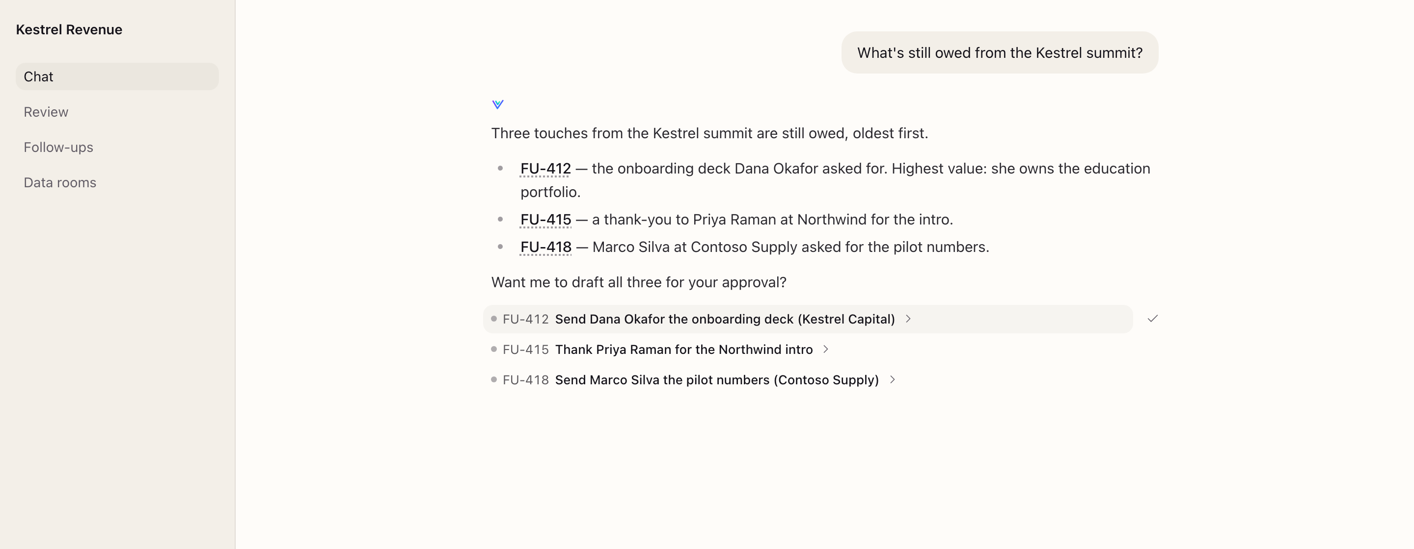 A chat answer naming three follow-ups, with the records listed under it and a check mark on the one under the pointer
