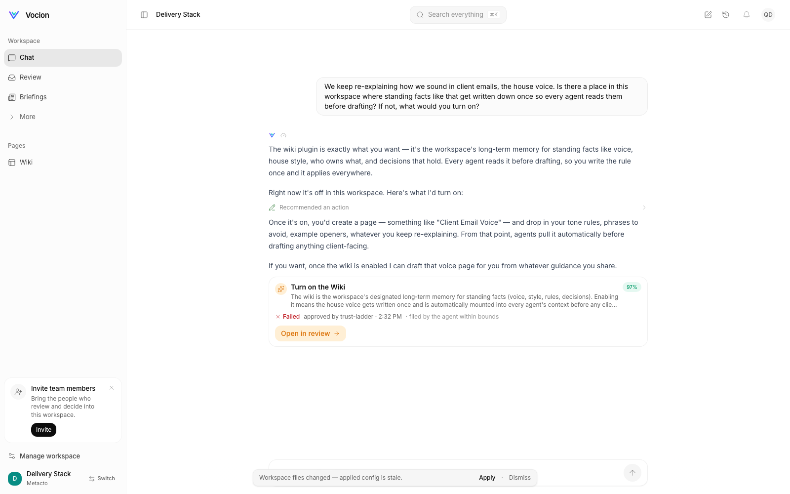 Live, in a workspace with every plugin off: asked where standing facts should be written down, the agent recommends the Wiki as a one-tap card