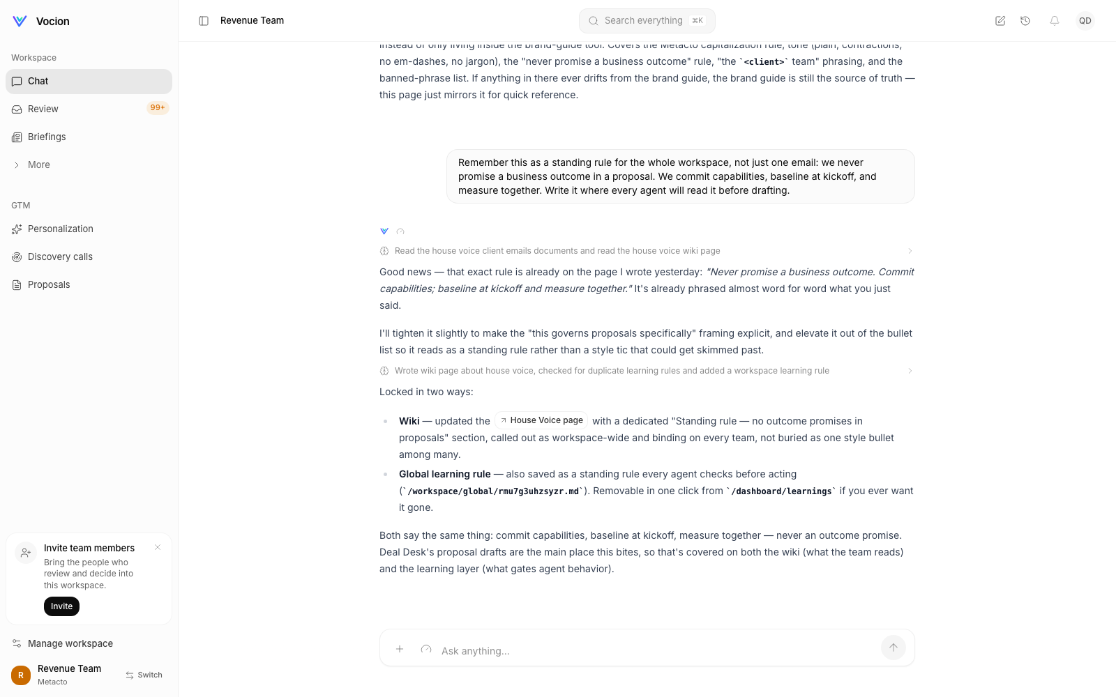 Live: the workspace lead writes the house voice into the wiki from a conversation