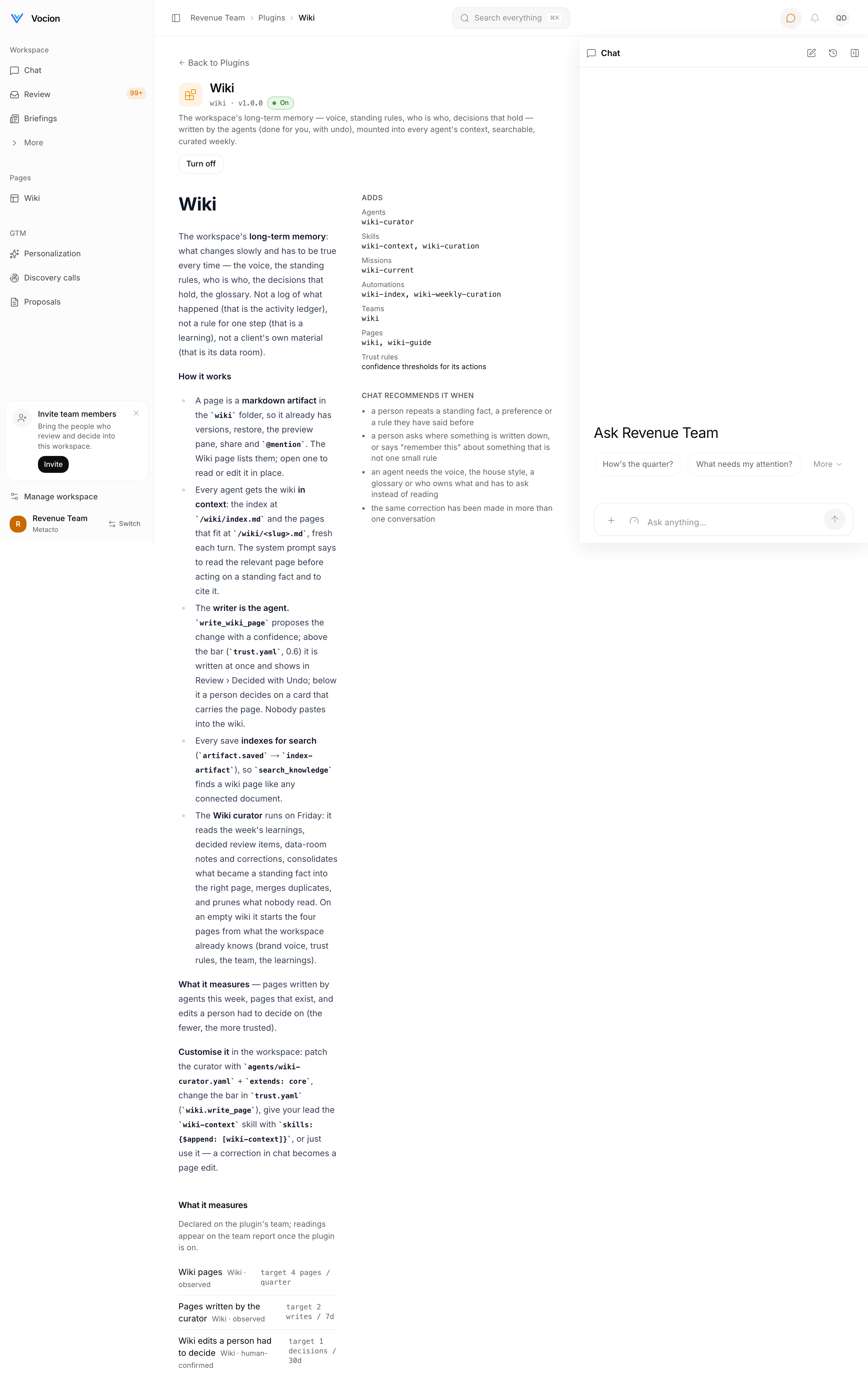 One plugin's page: what it adds, what it measures, when chat recommends it