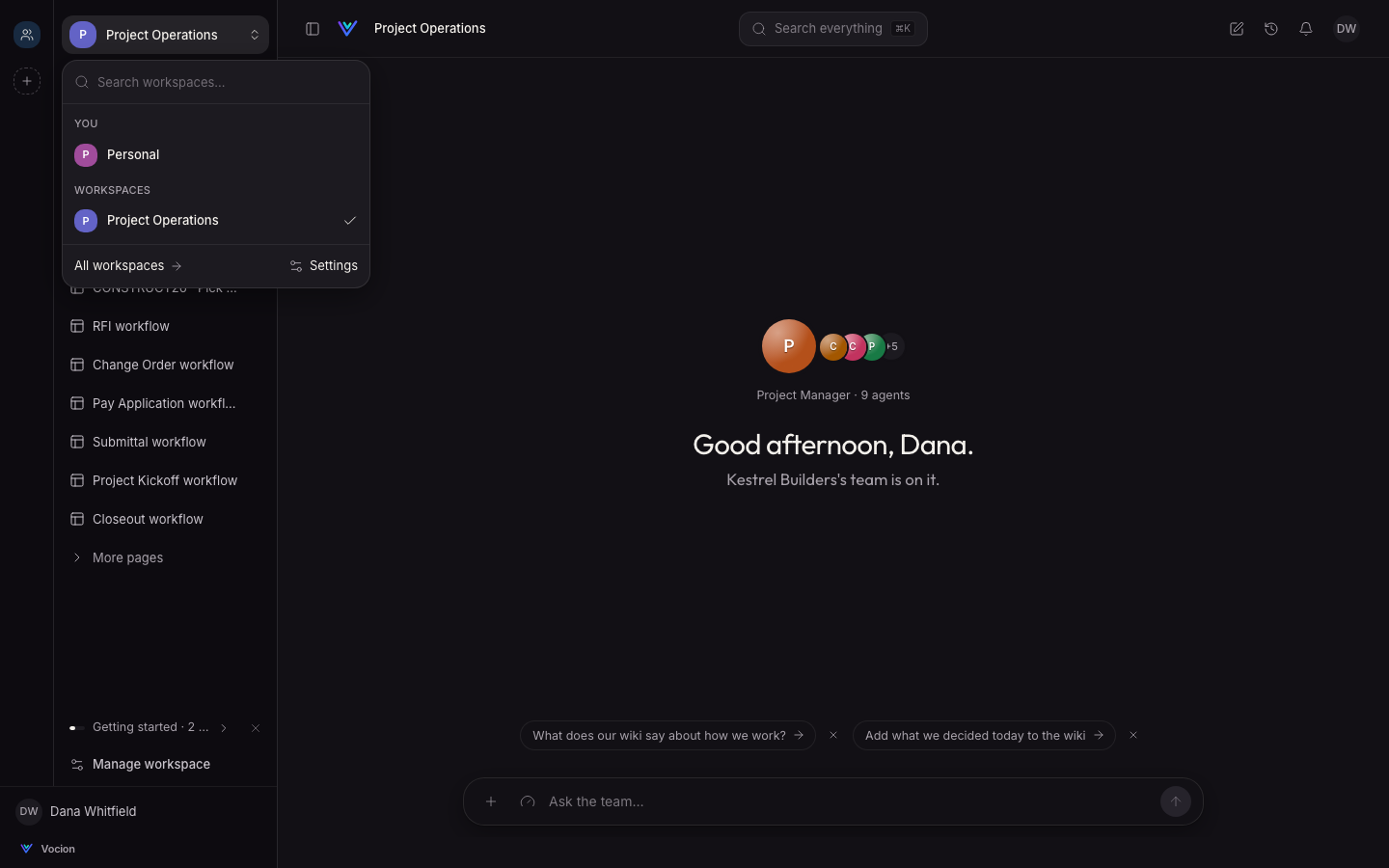 The workspace switcher on the same surface, in dark