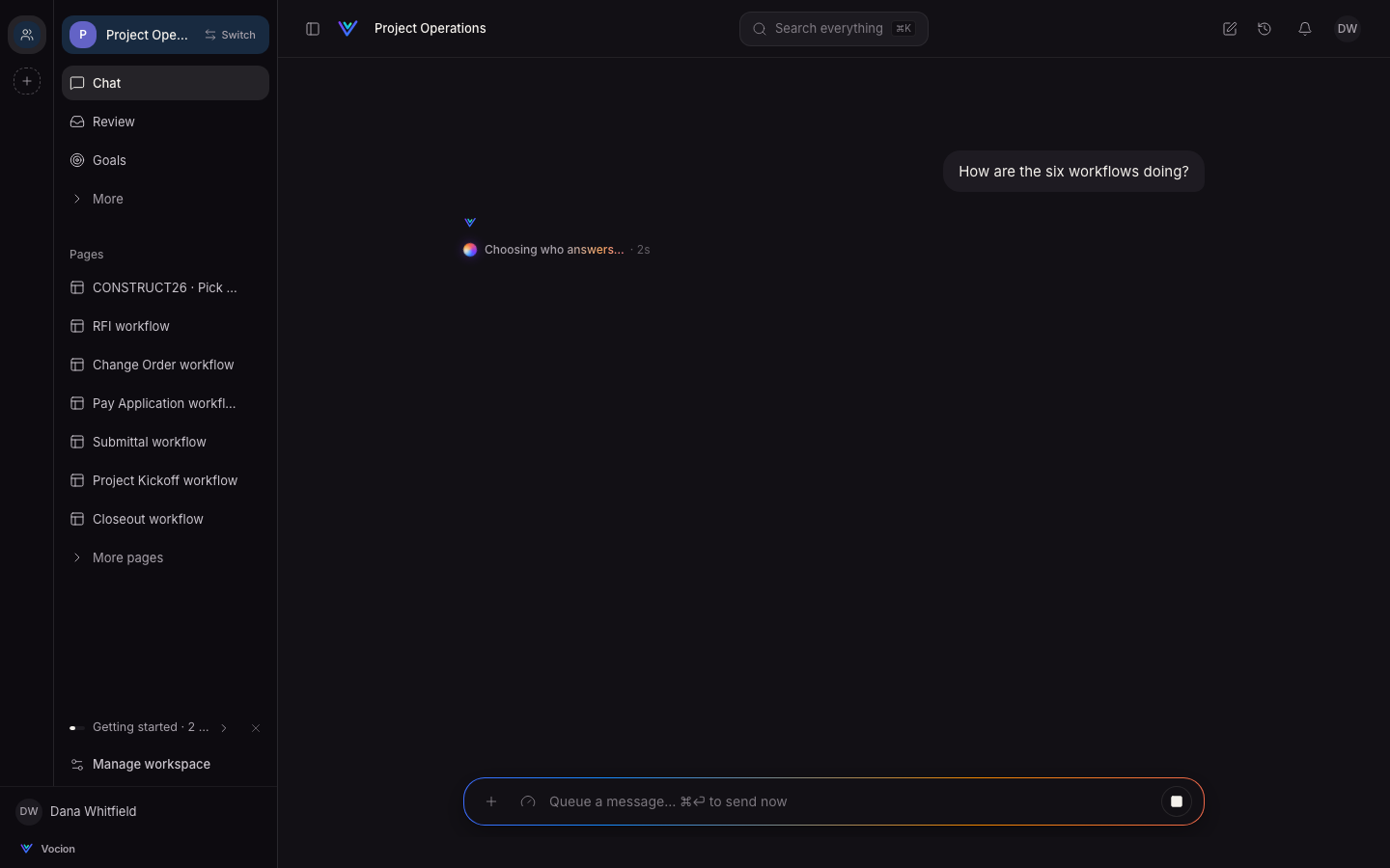 After: dark mode, a deeper warm near-black with the sidebar darker than the page, and the spark at work